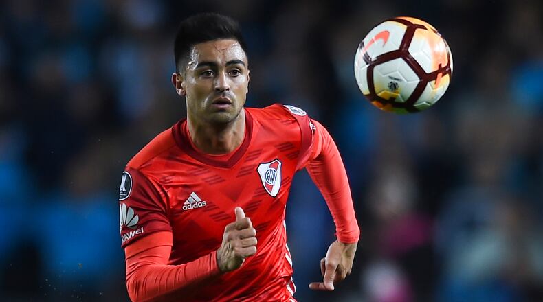Pity Martinez of River Plate looks at the ball during a round of sixteen first leg match between River Plate and Racing Club as part of Copa Libertadores Aug. 9, 2018, at Juan Domingo Peron Stadium in Buenos Aires, Argentina.