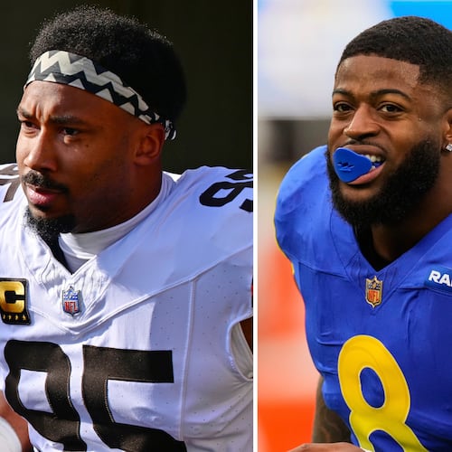 FILE - This photo combination shows Cleveland Browns defensive end Myles Garrett, left, in Cincinnati, Jan. 4, 2026, and Los Angeles Rams linebacker Jared Verse, Jan. 4, 2026, in Inglewood, Calif. (AP Photo/David Dermer, Mark J. Terrill)