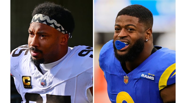 FILE - This photo combination shows Cleveland Browns defensive end Myles Garrett, left, in Cincinnati, Jan. 4, 2026, and Los Angeles Rams linebacker Jared Verse, Jan. 4, 2026, in Inglewood, Calif. (AP Photo/David Dermer, Mark J. Terrill)
