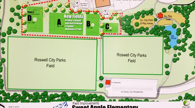 Map depicts the four new athletic fields to be created by a partnership of the city of Roswell and World Harvest Church. CITY OF ROSWELL