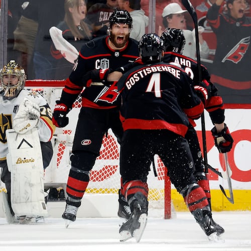 Carolina Hurricanes' Jordan Staal (11) celebrates after his goal against Vegas Golden Knights goaltender Carter Hart (79) during the third period in Game 2 of the NHL hockey Stanley Cup Final series in Raleigh, N.C., Thursday, June 4, 2026. (AP Photo/Karl DeBlaker)