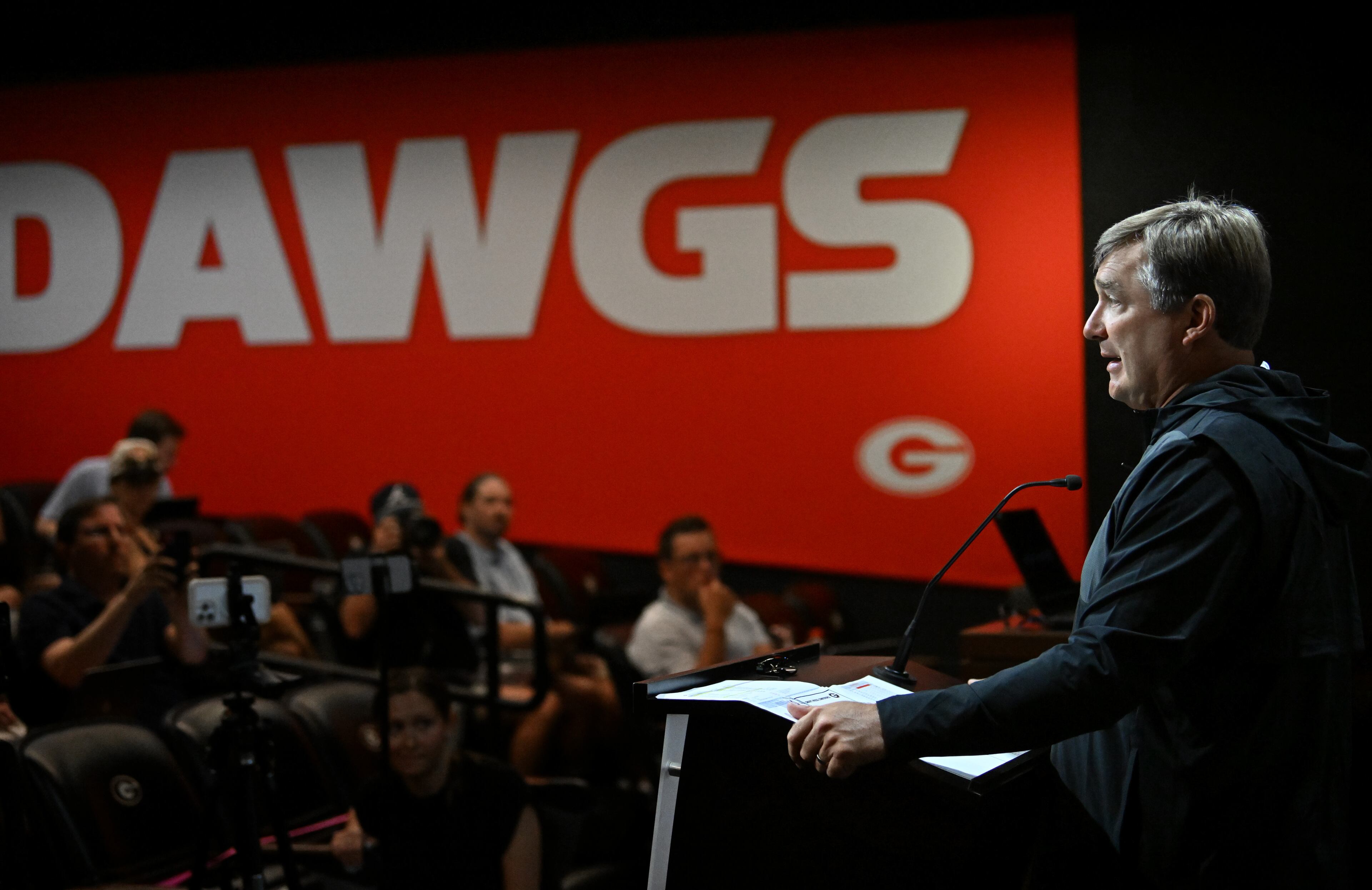 Georgia football head coach Kirby Smart speaks to members of the press during a press conference ahead of their football practice at the Butts-Mehre Building, Thursday, July 31, 2025, in Athens. (Hyosub Shin / AJC)