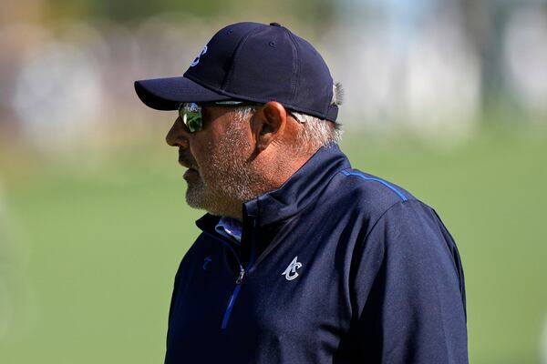 Angel Cabrera, of Argentina, looks at his shot on the 10th green during a practice round at the Masters golf tournament, Tuesday, April 8, 2025, in Augusta, Ga. (AP Photo/Matt Slocum)