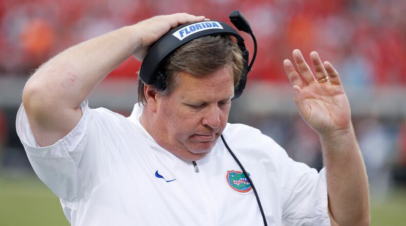 Florida Gators head coach Jim McElwain reacts in the third quarter of a game against the Georgia Bulldogs at EverBank Field on October 28, 2017 in Jacksonville, Florida. Georgia defeated Florida 42-7. (Photo by Joe Robbins/Getty Images)