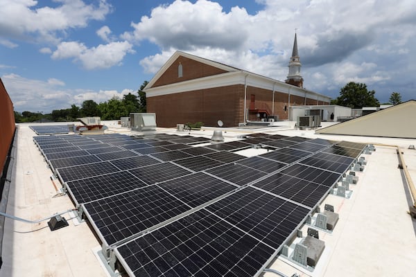 Newly installed solar panels are shown on the roof of the Dunwoody United Methodist Church, June 10, 2025, in Dunwoody, Ga. (Jason Getz/AJC)