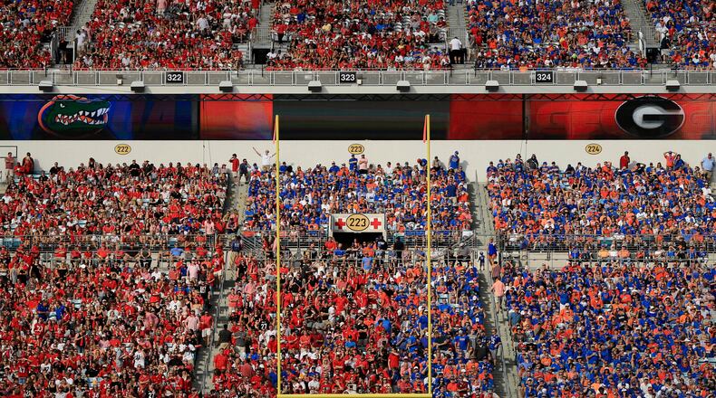Traditionally, the color scheme is pretty equally balanced when Florida and Georgia meet in Jacksonville. (Rob Foldy/Getty Images)