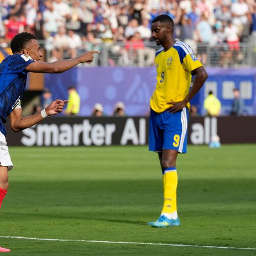 France's Kylian Mbappe celebrates after scoring his side's opening goal during the World Cup round of 32 soccer match between France and Sweden in East Rutherford, N.J., near New York, Tuesday, June 30, 2026. (AP Photo/Seth Wenig)