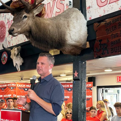 U.S. Rep. Zach Nunn, R-Iowa, speaks at a campaign event Monday, Aug. 17, 2026, at the Iowa State Fair in Des Moines, Iowa. (AP Photo/Hannah Fingerhut)