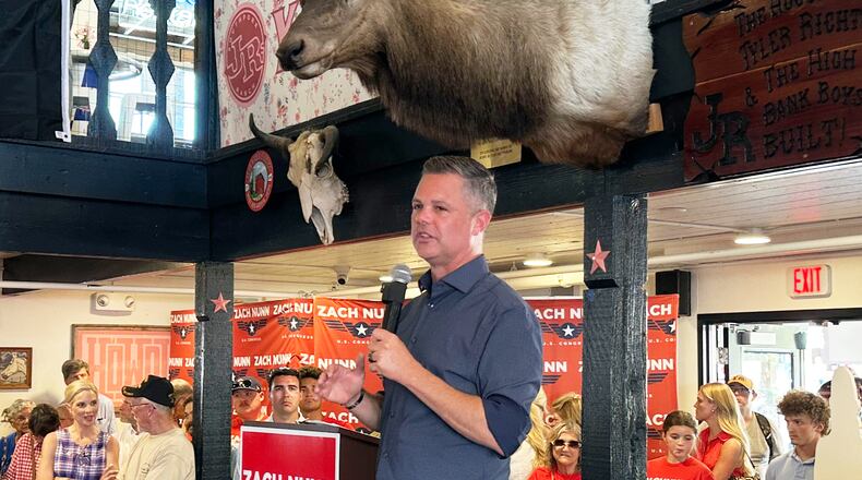 U.S. Rep. Zach Nunn, R-Iowa, speaks at a campaign event Monday, Aug. 17, 2026, at the Iowa State Fair in Des Moines, Iowa. (AP Photo/Hannah Fingerhut)