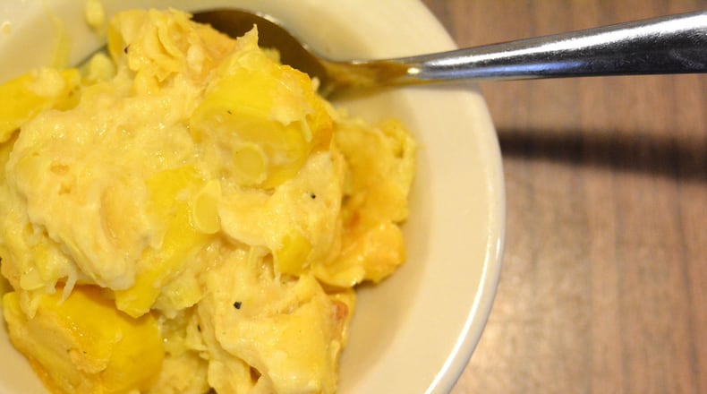 Squash casserole from the menu of S&S Cafeteria contains a drop of yellow food coloring. STYLED BY JOCK JACKSON. CONTRIBUTED BY ADRIENNE HARRIS