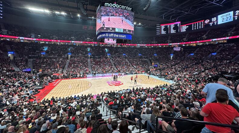 Fans fill Moda Center during a WNBA basketball game between the Portland Fire and the Indiana Fever in Portland, Or., Saturday May 30, 2026. (AP Photo/Anne M. Peterson)