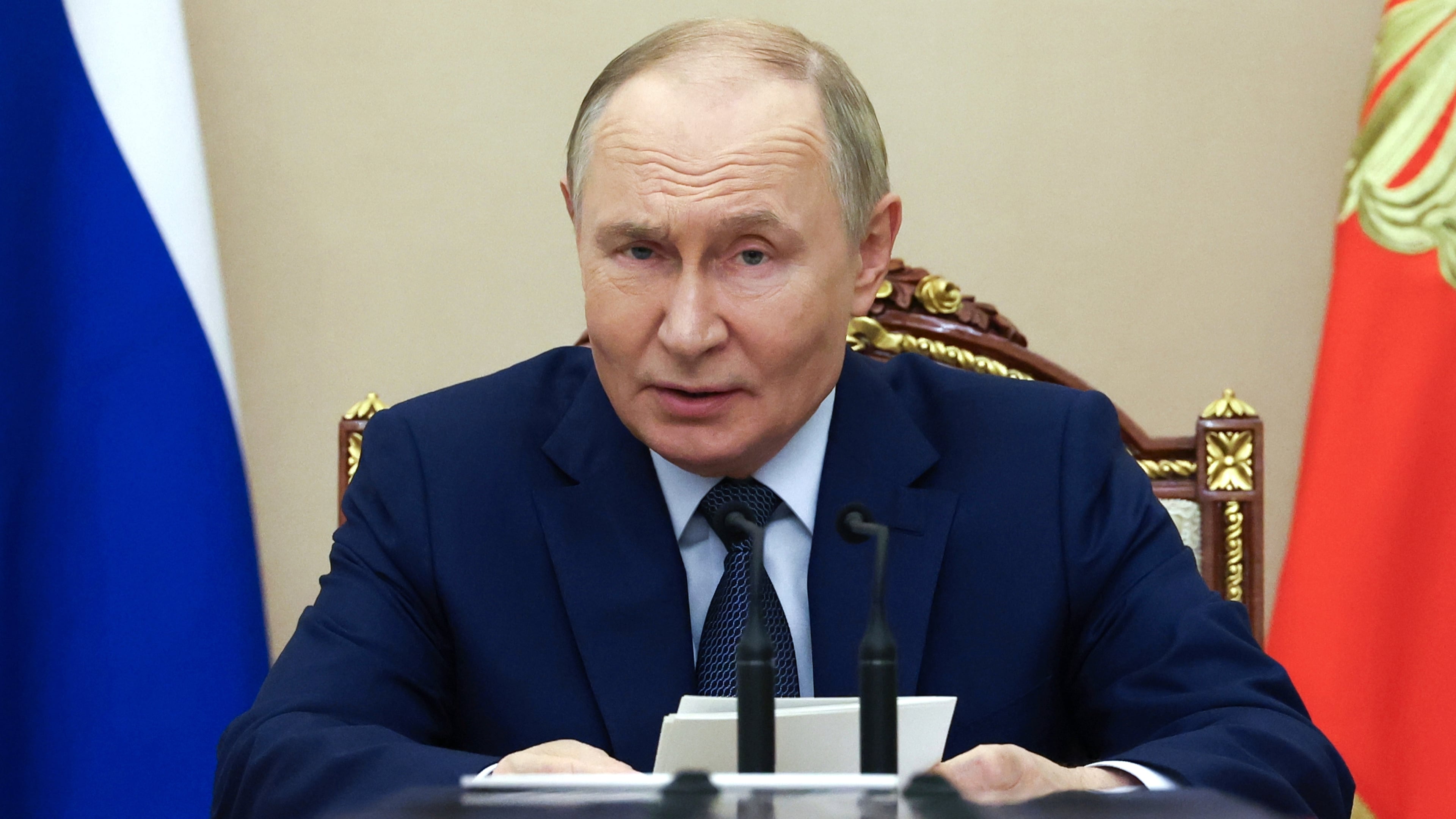 Russian President Vladimir Putin chairs a Security Council meeting at the Kremlin in Moscow, Russia, Monday, Sept. 22, 2025. (Alexander Kazakov, Sputnik, Kremlin Pool Photo via AP)