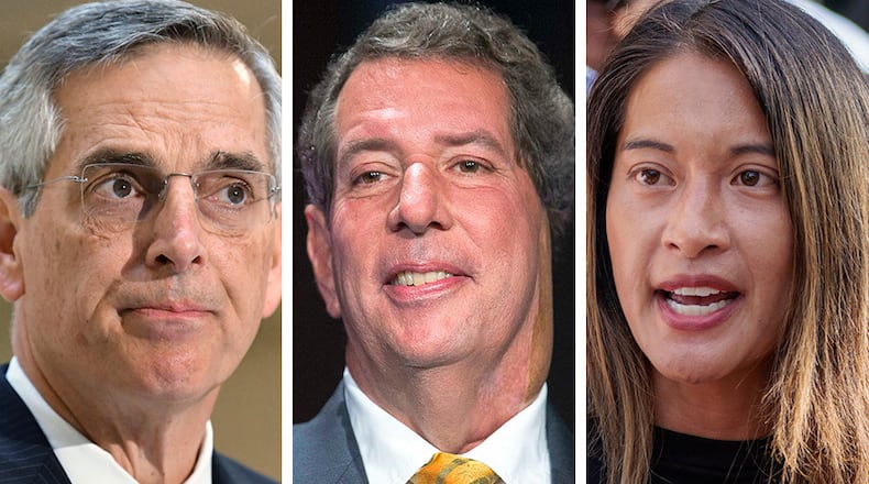 Republican Brad Raffensperger, left, Libertarian Ted Metz and Democrat Bee Nguyen are competing in the 2022 race for Georgia secretary of state. They participated in a debate Tuesday.