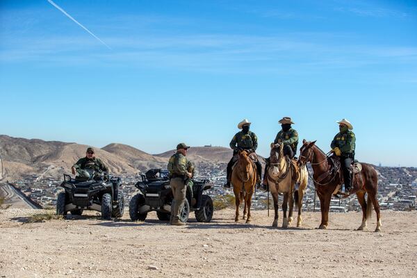 FILE - Border Patrol agents wait for the arrival of Defense Secretary Pete Hegseth for a visit to the US-Mexico border in Sunland Park, N.M., Feb. 3, 2025. (AP Photo/Andres Leighton, FIle)