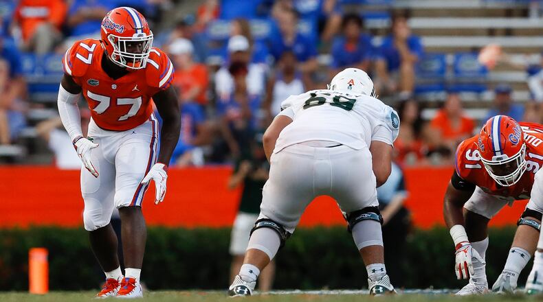 Florida defensive lineman Antonneous Clayton (77) lines up on the line of scrimmage against Colorado State Saturday, Sept. 15, 2018, in Gainesville, Fla.