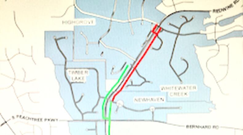 Areas shown in red indicate where new multi-use paths will be installed near the Starr's Mill school complex. Courtesy Fayette County