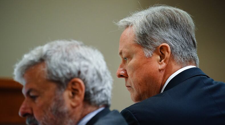 Robert "Chip" Olsen is seen at the defense table accompanied by his attorneys during day five of his murder trial at the DeKalb County Courthouse on October 3, 2019 in Decatur. Olsen is charged with murdering war veteran Anthony Hill. (Elijah Nouvelage for The Atlanta Journal-Constitution)