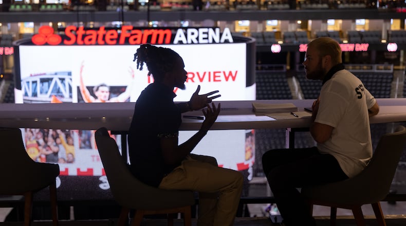 Interviewer John Champion (right) talks with Jarius Bloodser during the Hawks' inaugural "Interview Day" event at State Farm Arena on September 10, 2022. (Photo: Steve Schaefer/steve.schaefer@ajc.com)