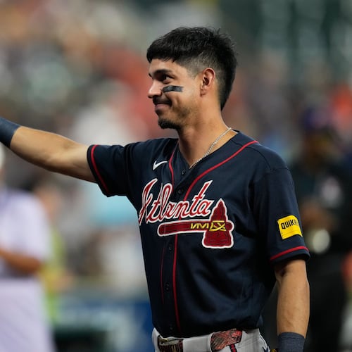 Atlanta Braves shortstop Mauricio Dubon greets fans as the Houston Astros honor him before a baseball game in Houston, Friday, Sept. 18, 2026. (Ashley Landis/AP)