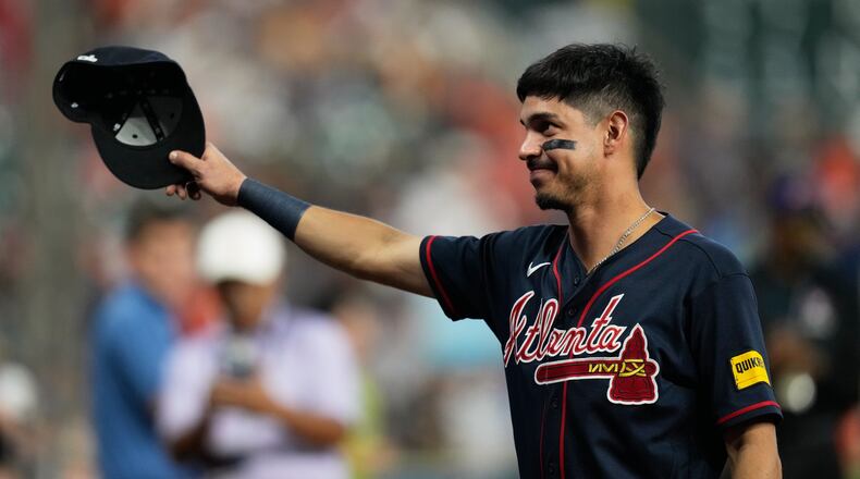 Atlanta Braves shortstop Mauricio Dubon greets fans as the Houston Astros honor him before a baseball game in Houston, Friday, Sept. 18, 2026. (Ashley Landis/AP)