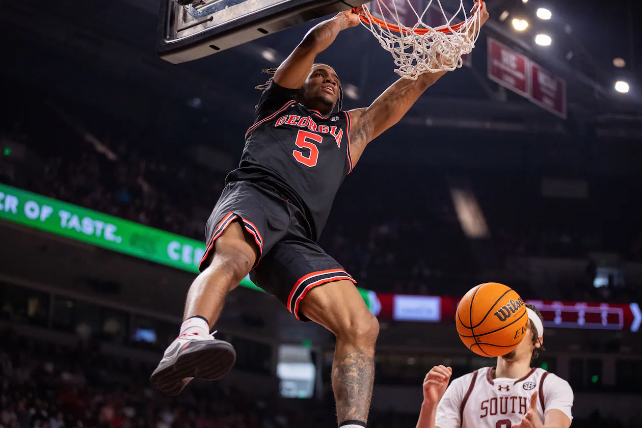 Georgia guard Jeremiah Wilkinson dunks against the South Carolina during the first half of an NCAA college basketball game Saturday, Jan. 10, 2026, in Columbia, S.C. (Scott Kinser/AP)