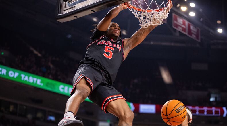 Georgia guard Jeremiah Wilkinson dunks against the South Carolina during the first half of an NCAA college basketball game Saturday, Jan. 10, 2026, in Columbia, S.C. (Scott Kinser/AP)