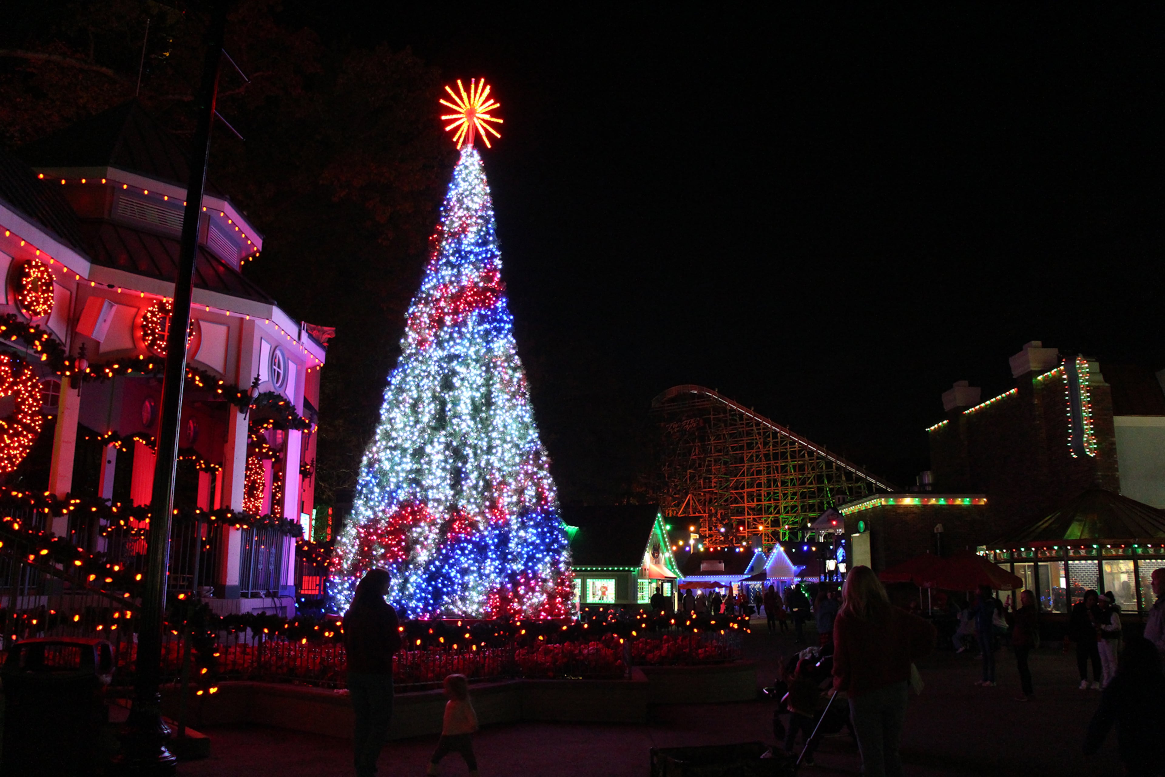 Since 2013, Six Flags Over Georgia has featured twinkling holiday lights and a Christmas tree as part of its Holiday in the Park event. (Courtesy of Six Flags Over Georgia)