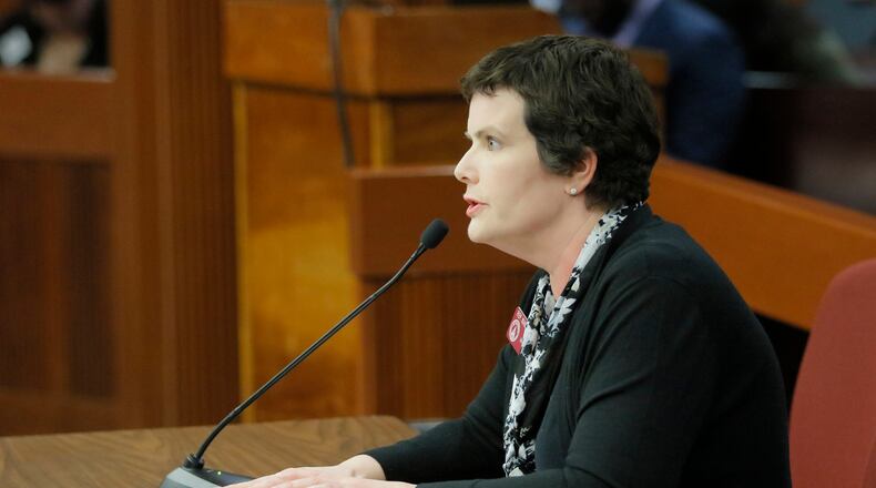 State Rep. Mandi Ballinger, R-Canton, is the sponsor of House Bill 280, which would allow guns on most parts of public university and college campuses. The bill was amended Thursday in the Senate Judiciary Committee to allow the legislation to proceed while also giving lawmakers more time to negotiate with Gov. Nathan Deal, who vetoed a similar measure last year. BOB ANDRES /BANDRES@AJC.COM