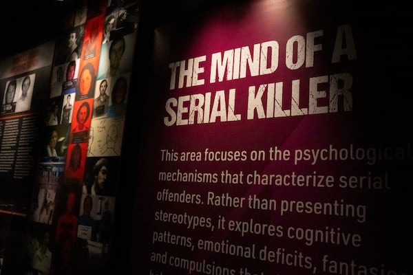 A display titled "The Mind of a Serial Killer" is part of the "Serial Killer: The Exhibition" at Pullman Yards in Atlanta. The section explores the psychological mechanisms that characterize serial offenders. (Olivia Bowdoin/AJC)