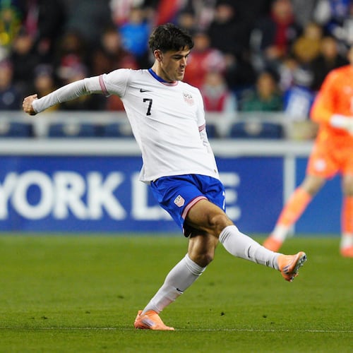 United States' Gio Reyna plays the ball during the first half of an international friendly soccer match against Paraguay, Saturday, Nov. 15, 2025, in Chester, Pa. (AP Photo/Derik Hamilton)