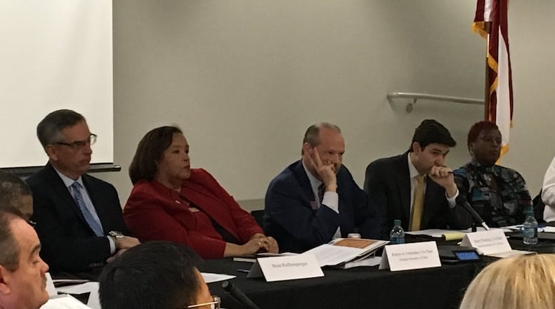 A group reviewing Georgia’s options for its next voting system listened Wednesday to presentations at the Professional Licensing Boards Division of the Secretary of State’s Office in Macon. From left: Secretary of State-elect Brad Raffensperger, Secretary of State Robyn Crittenden, state Rep. Barry Fleming, Secretary of State’s general counsel Ryan Germany and Rockdale County Elections Supervisor Cynthia Welch. MARK NIESSE / MARK.NIESSE@AJC.COM