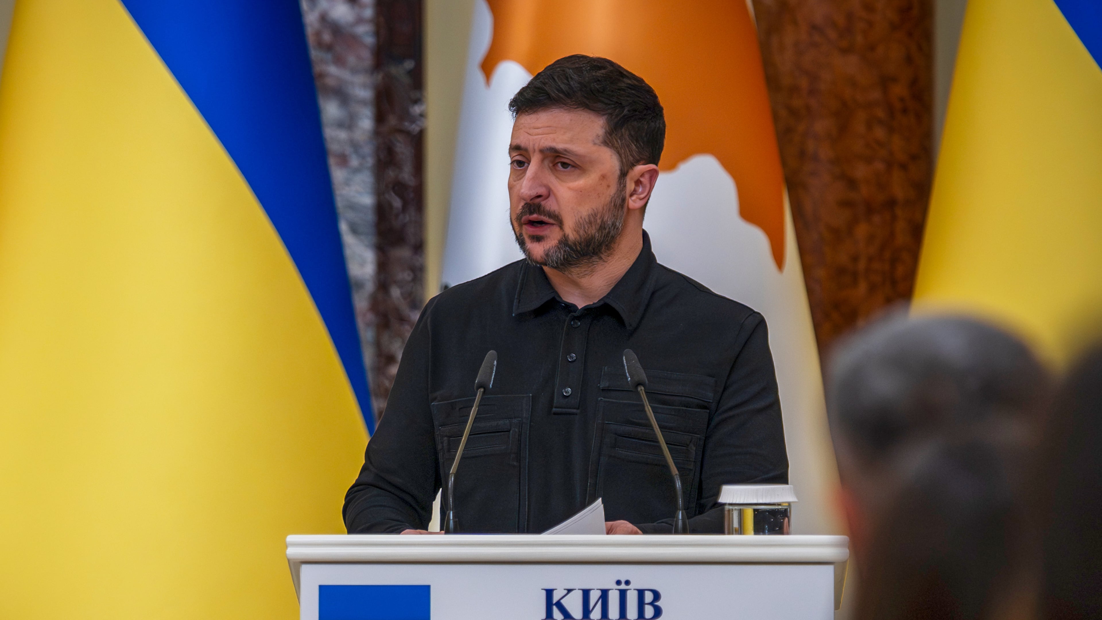 Ukrainian President Volodymyr Zelenskyy attends a joint news conference with Cyprus' President Nikos Christodoulides in Kyiv, Ukraine, Thursday, Dec. 4, 2025. (AP Photo/Dan Bashakov)