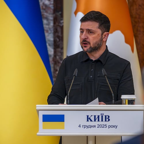 Ukrainian President Volodymyr Zelenskyy attends a joint news conference with Cyprus' President Nikos Christodoulides in Kyiv, Ukraine, Thursday, Dec. 4, 2025. (AP Photo/Dan Bashakov)