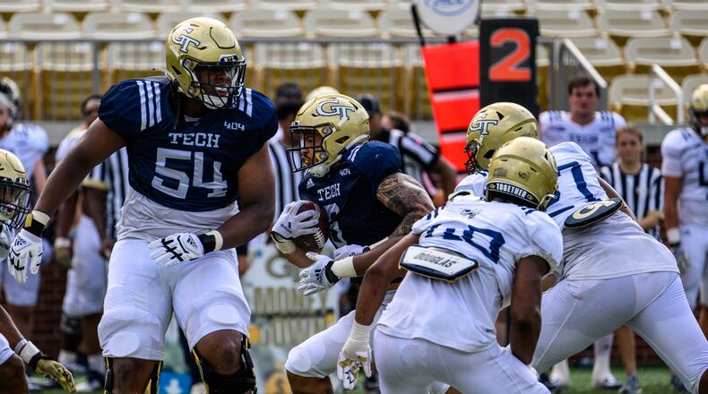 Georgia Tech offensive tackle Jordan Williams (No. 54) in a preseason scrimmage Aug. 13, 2022 at Bobby Dodd Stadium. (Danny Karnik/Georgia Tech Athletics)