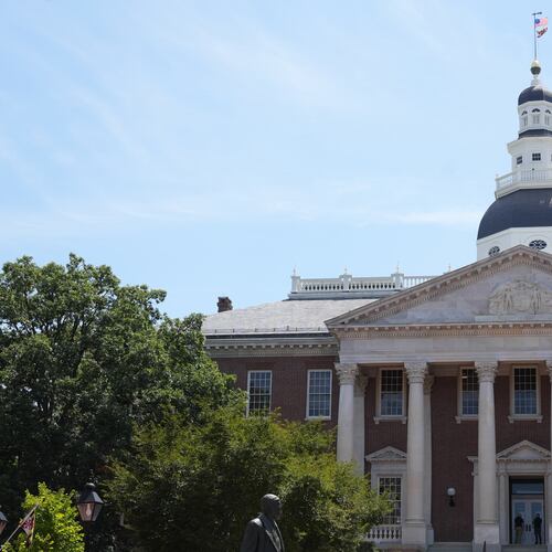 People stand at the doors of the Maryland State House on Tuesday, Aug. 4, 2026, in Annapolis, Md. (AP Photo/Mingson Lau)