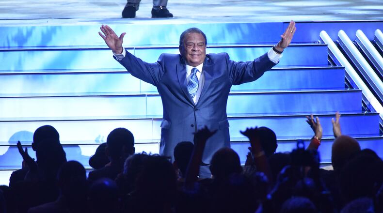 June 3, 2017 Atlanta - Ambassador Andrew Young waves to the crowd during 2017 Andrew J. Young International Leadership Awards Gala and 85th Birthday at Philips Arena on Saturday, June 3, 2017. Former VP Joe Biden honored at former Atlanta Mayor and UN Ambassador Andy Young's 85 birthday celebration at Philips Arena.  HYOSUB SHIN / HSHIN@AJC.COM