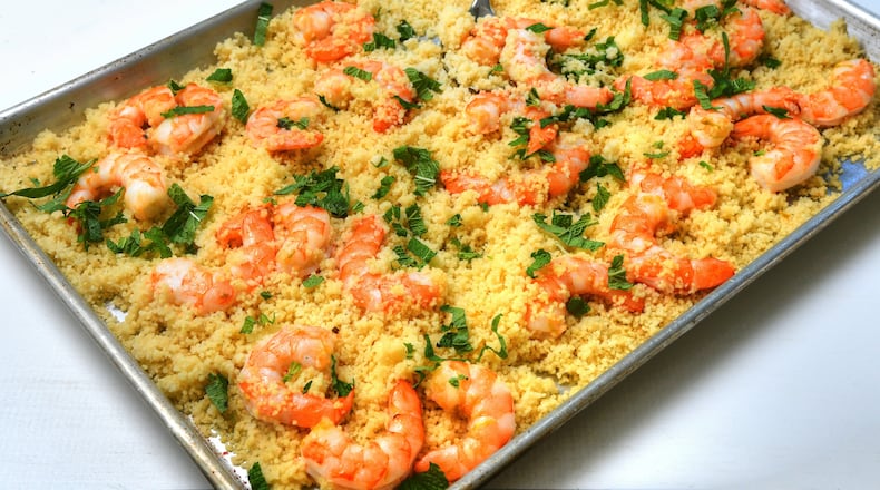 Sheet-Pan Shrimp and Couscous. Chris Hunt for The Atlanta Journal-Constitution