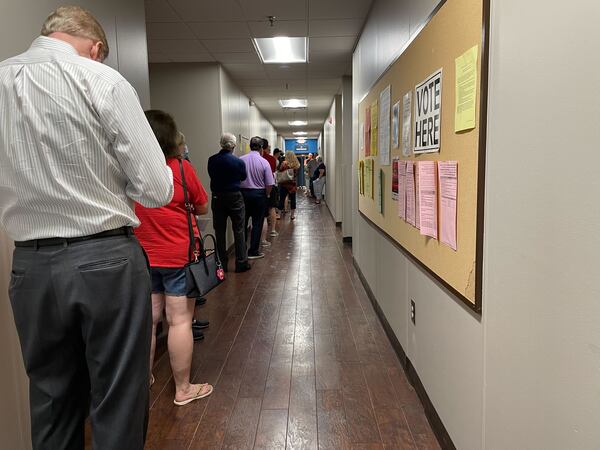 Voters wait in line at Eastside Church in East Cobb County Tuesday morning. (Jamie Sarrio McMurtrie)