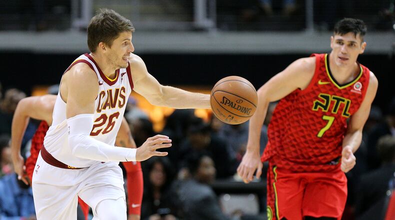 November 30, 2017 Atlanta: Cavaliers guard Kyle Korver steals from Hawks Ersan Ilyasova during the second half in a NBA basketball game on Thursday, November 30, 2017, in Atlanta. Curtis Compton/ccompton@ajc.com