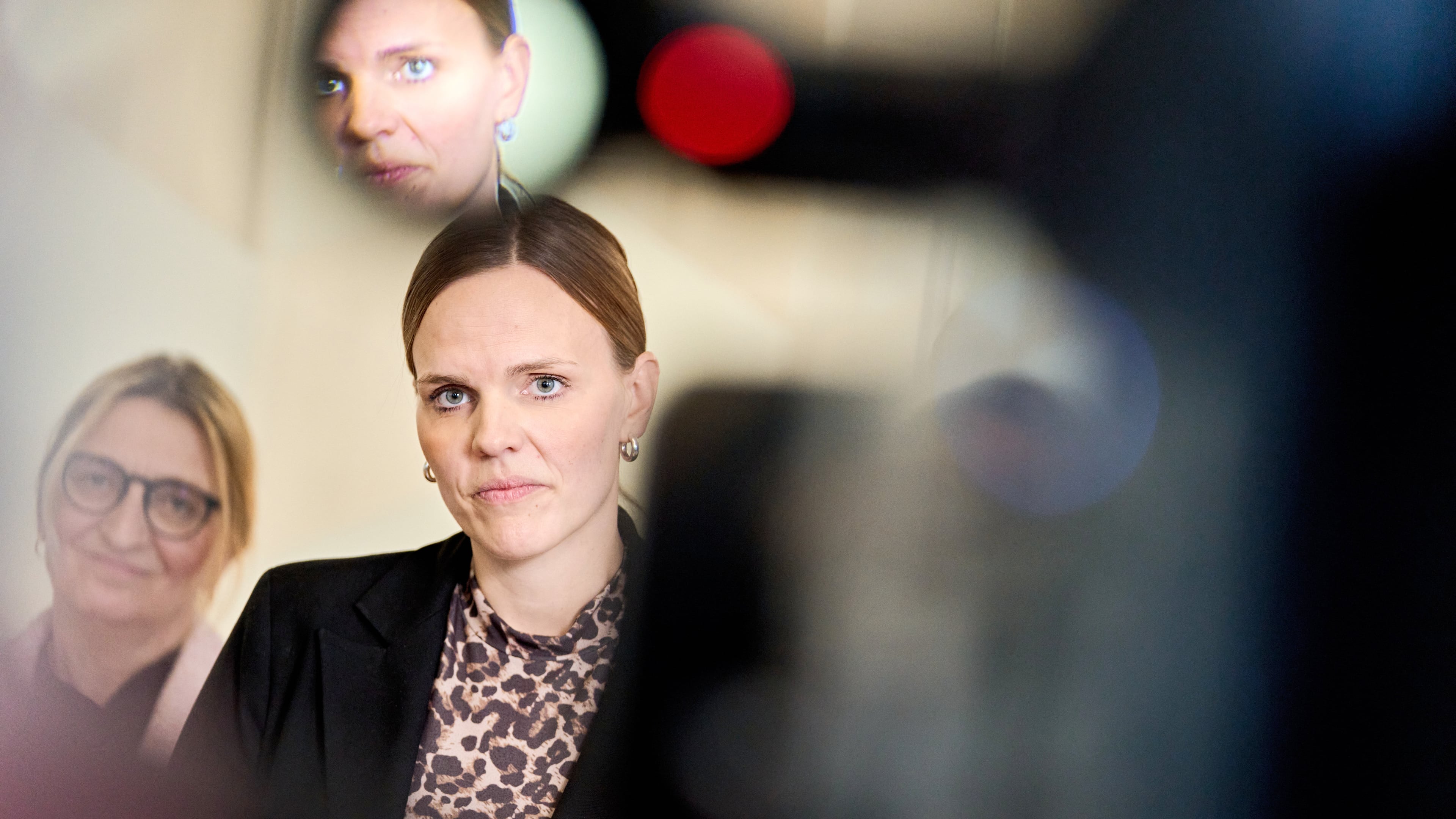 Caroline Stage, Danish Minister for Digitalization and representatives from the agreement parties attends a press conference about a new political agreement for better protection of children and young people online, in Copenhagen, Friday, Nov. 7, 2025. (Thomas Traasdahl/Ritzau Scanpix via AP)