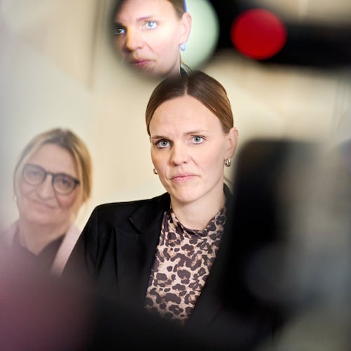 Caroline Stage, Danish Minister for Digitalization and representatives from the agreement parties attends a press conference about a new political agreement for better protection of children and young people online, in Copenhagen, Friday, Nov. 7, 2025. (Thomas Traasdahl/Ritzau Scanpix via AP)