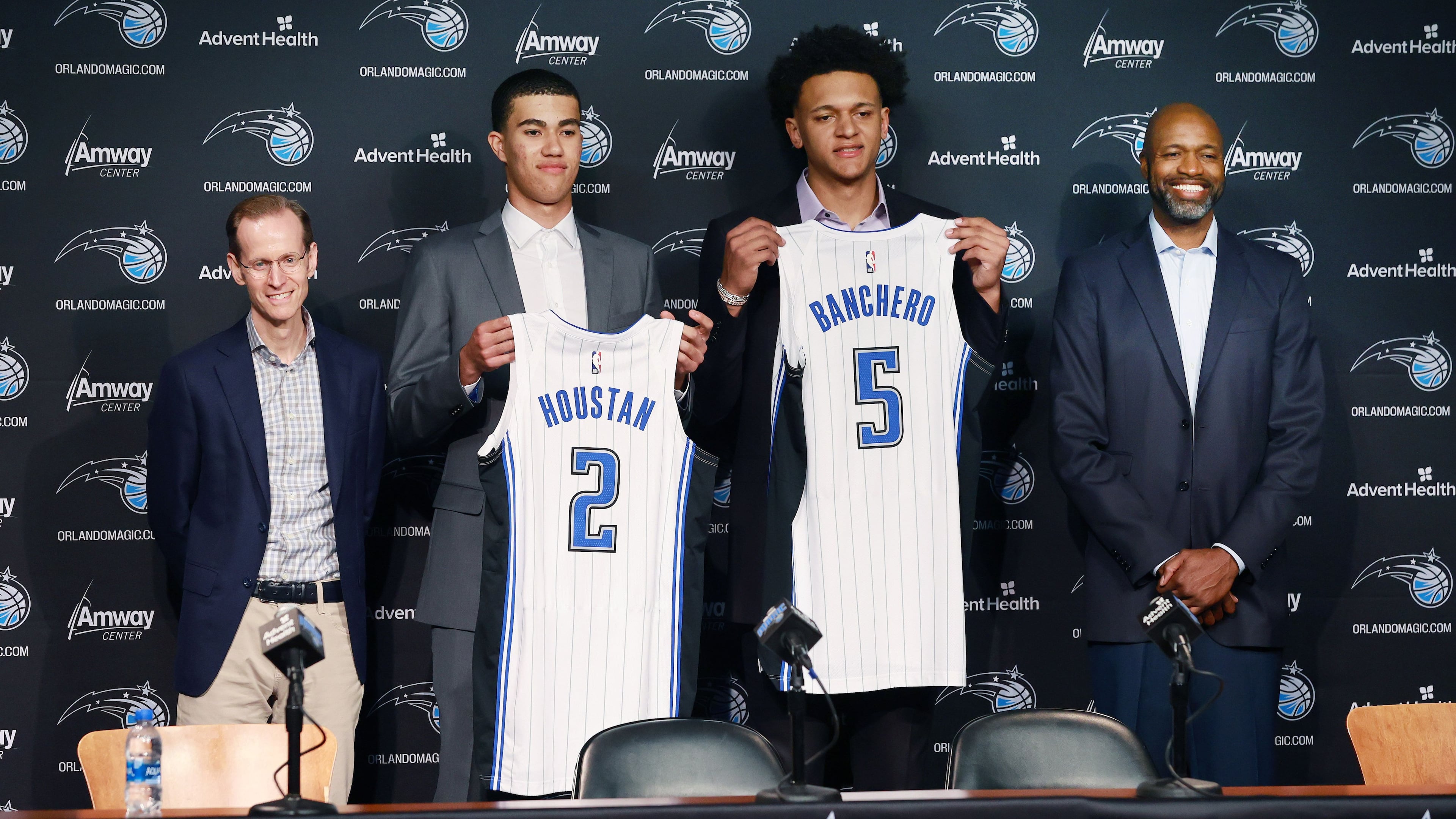 The Orlando Magic picked forward Caleb Houstan (left) in the second round (32nd overall) of the 2022 NBA draft. (Stephen M. Dowell/TNS 2022)