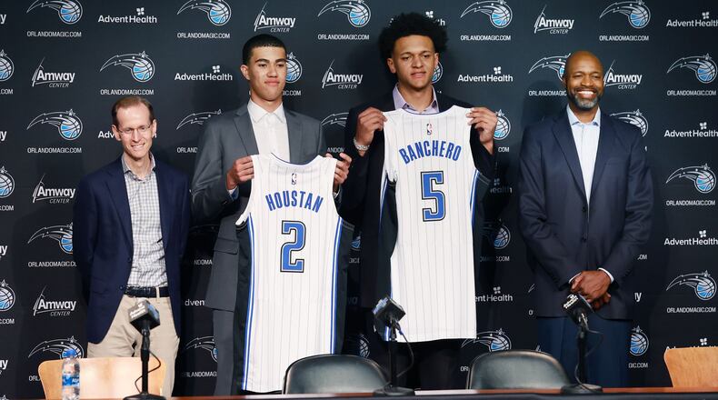 The Orlando Magic picked forward Caleb Houstan (left) in the second round (32nd overall) of the 2022 NBA draft. (Stephen M. Dowell/TNS 2022)