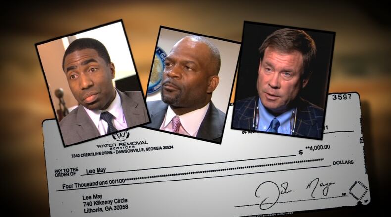 A $4,000 check was written by DeKalb County contractor Doug Cotter, right. Cotter has said he gave the money to former DeKalb Commission Chief of Staff Morris Williams, center, to help Interim DeKalb CEO Lee May, left, with financial difficulties. May says he never saw or knew about the money. Cotter and Williams pleaded guilty Thursday, June 22, 2017. Photo illustration by Josh Wade / Channel 2 Action News.
