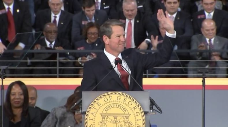 <p>Brian Kemp address crowd after he takes Oath of Office</p>