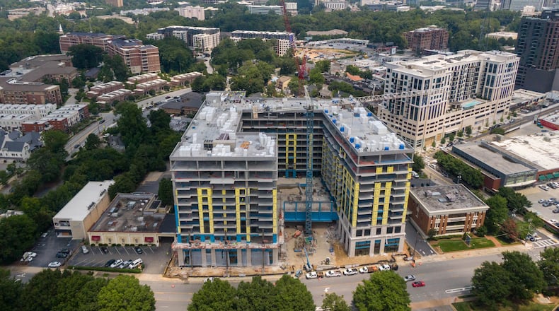 Aerial photo shows a construction of luxury apartment complex at 99 West Paces Ferry Road on Wednesday, Aug. 4, 2021. (Hyosub Shin / Hyosub.Shin@ajc.com)