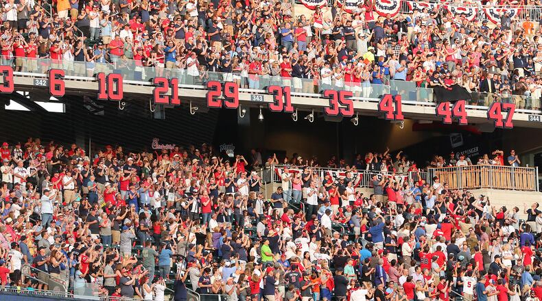 Braves players numbers, including Hank Aaron’s 44 are uncovered and retired during the Braves’ home opener against the Padres at SunTrust Park on Friday, April 14, 2017, in Atlanta. Curtis Compton/ccompton@ajc.com