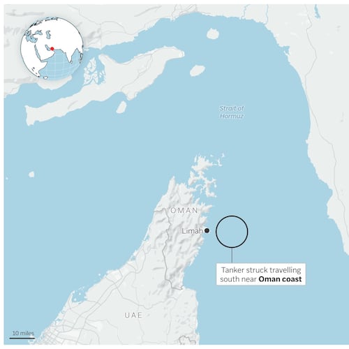 Map showing where a tanker was struck in the Strait of Hormuz. (AP Digital Embed)