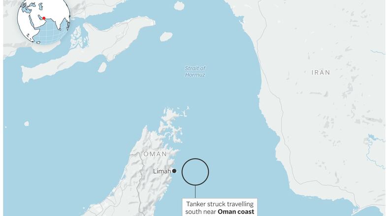 Map showing where a tanker was struck in the Strait of Hormuz. (AP Digital Embed)