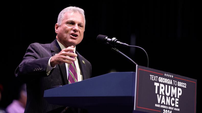 U.S. Rep. Buddy Carter, R-Ga., speaks at the Johnny Mercer Theatre Civic Center, Tuesday, Sept. 24, 2024, in Savannah, Ga. (AP Photo/Evan Vucci)